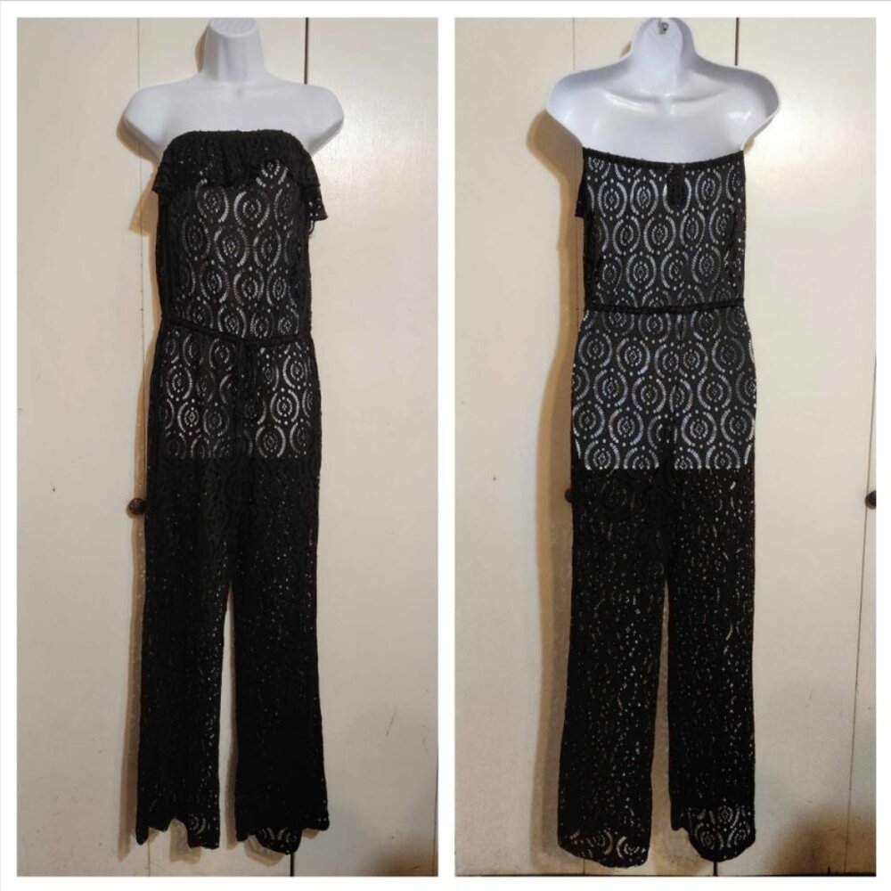 S Catalina Black Pull On Open Weave Summer Vacation Swim Cover-Up Romper